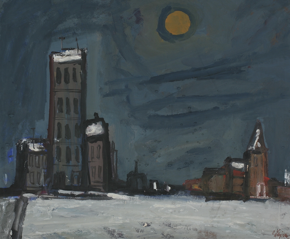 Oldřich Lajsek, Předměstí, asi 1950-60, tempera na lepence, KGVUZ, inv. č. O 721