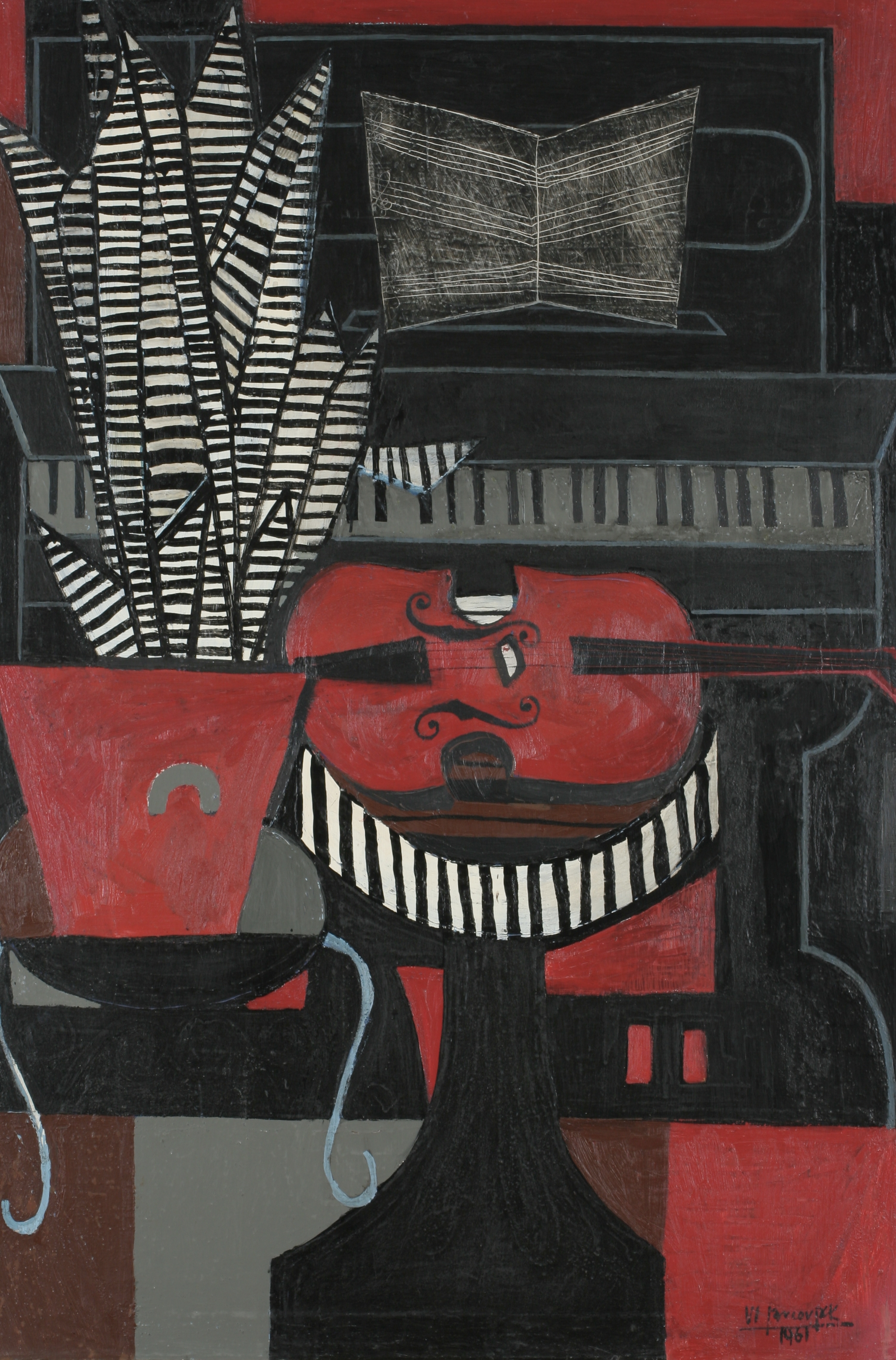 Vladimír Jarcovják, Hudební zátiší, 1961, kombinovaná technika, plátno, 130 x 88 cm, KGVUZ,  inv. č. O-1188
