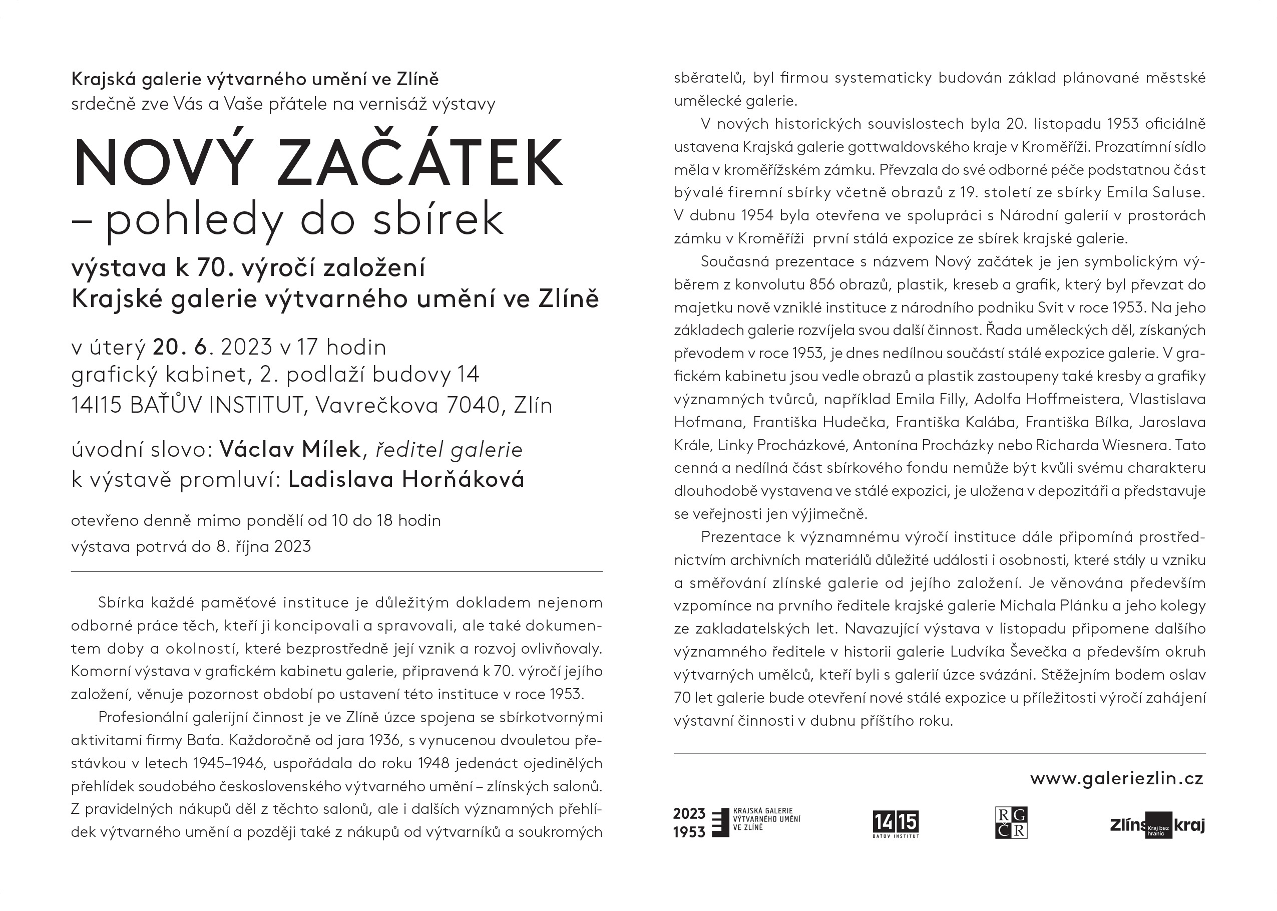 Pozvánka na vernisáž výstavy NOVÝ ZAČÁTEK – pohledy do sbírek, 2. strana