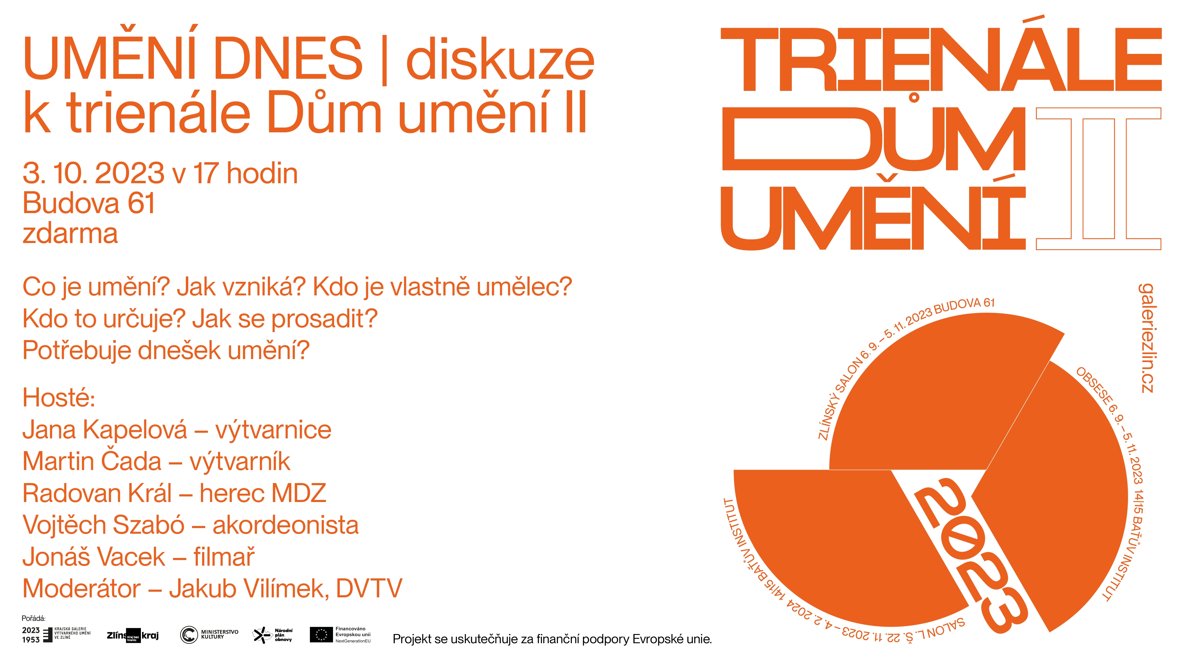 banner s pozvánkou na diskuzi Umění dnes 3. 10. v 17 hodin v budově 61