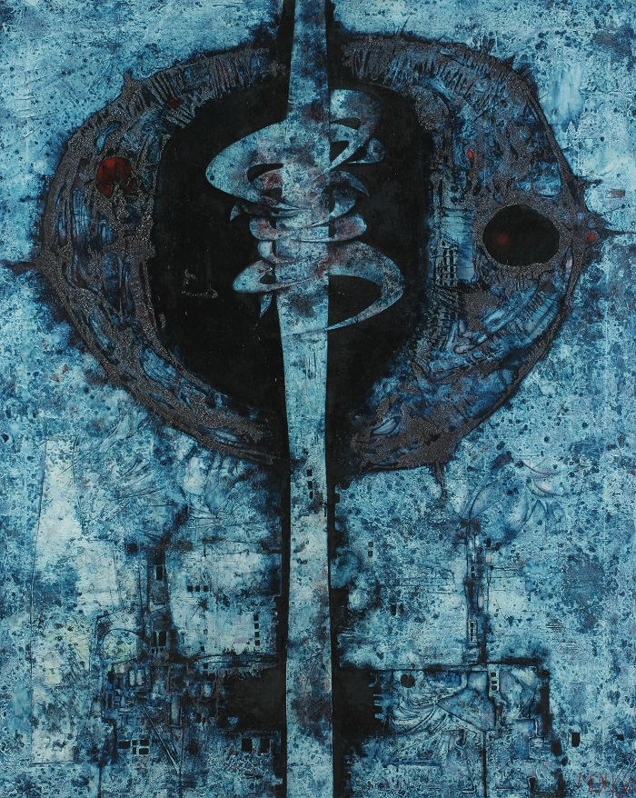 Mikuláš Medek, 162 cm křehkosti, kombinovaná technika, plátno, 162 x 130 cm, KGVUZ, inv. č. O 941